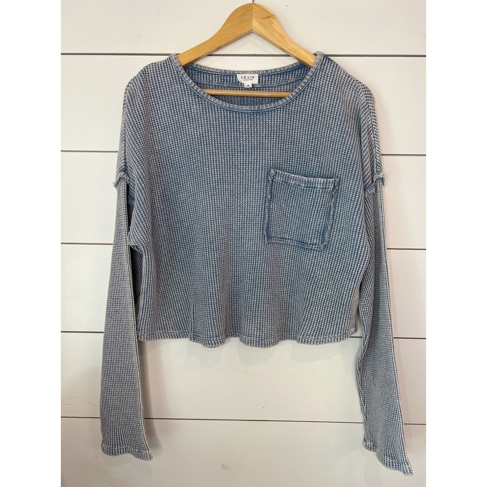 Le Lis Collection Blue Waffle Knit Thermal Cropped Boho Pocket Top Medium